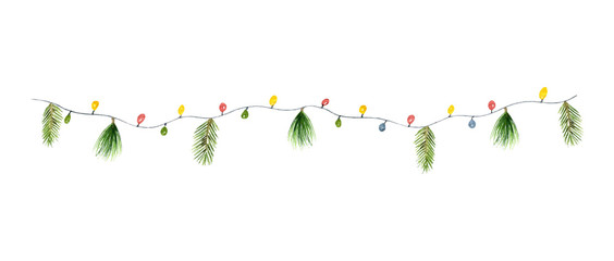 Wall Mural - Watercolor vector Christmas colorful garland with lights and fir branches.