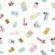 Gift boxes vector pattern in hand drawn doodle style with confetti. Seamless background with presents for birthday party. Illustration for greeting cards, invitations, posters. 