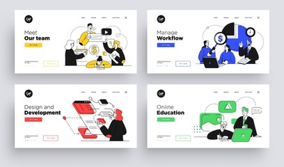 Set of Presentation slide templates or landing page websites design. Business concept illustrations. Modern flat outline style.