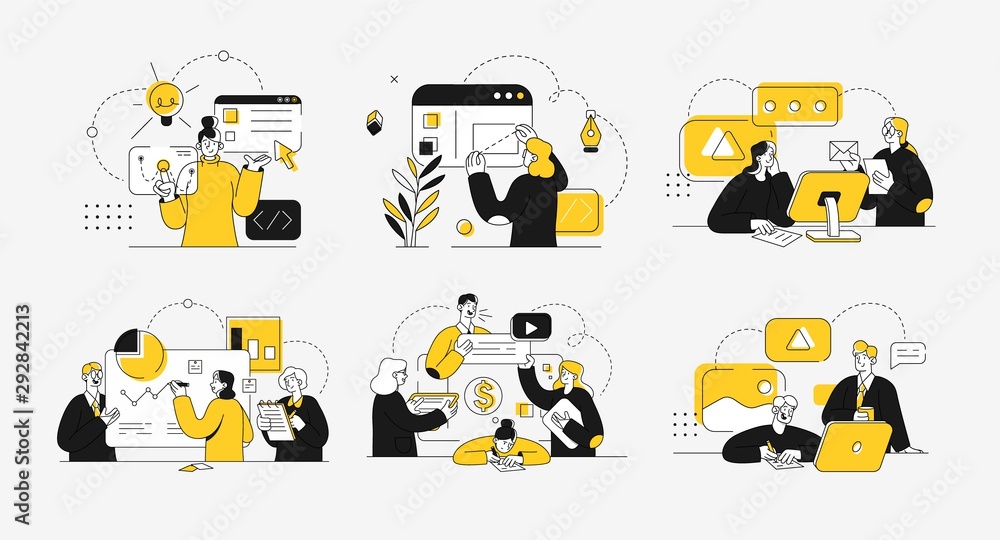 Business concept illustrations. Collection of scenes at office with men and women taking part in business activity. Outline vector illustration. - obrazy, fototapety, plakaty 