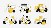 Business Concept Illustrations. Collection Of Scenes At Office With Men And Women Taking Part In Business Activity. Outline Vector Illustration.