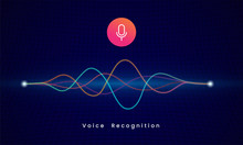Voice Recognition AI Personal Assistant Modern Technology Visual Concept Vector Illustration. Microphone Icon Button With Colorful Sound Wave Audio Spectrum Line On Dark Grid Background