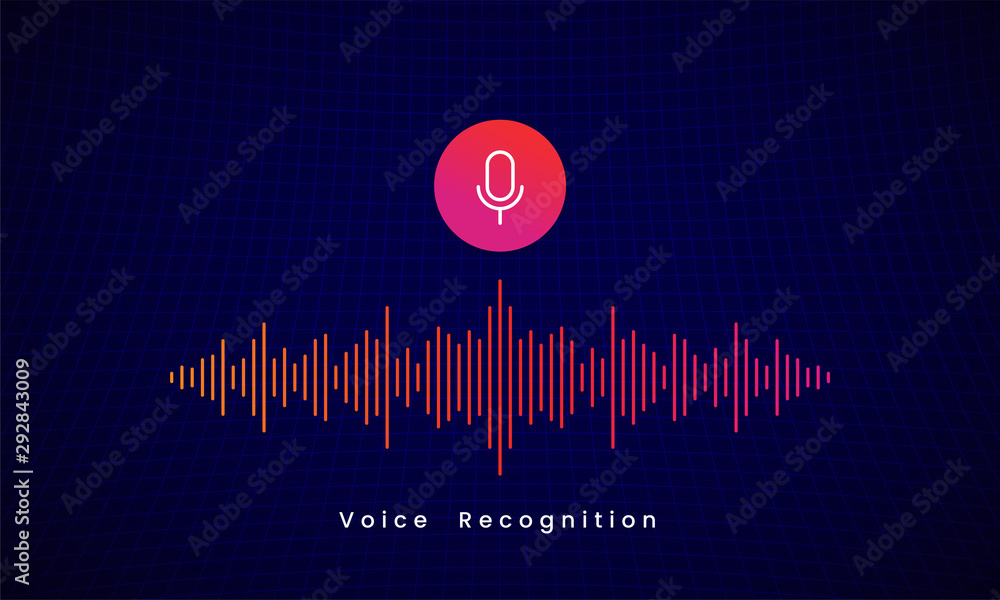 Voice Recognition AI personal assistant modern technology visual concept vector illustration design. microphone icon button with colorful sound wave audio spectrum line on dark grid background - obrazy, fototapety, plakaty 