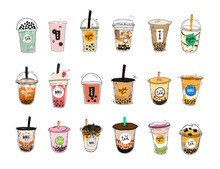 Bubble Tea Cup Design Collection,Pearl Milk Tea , Yummy Drinks, Coffees And Soft Drinks With Doodle Style Banner . - Vector