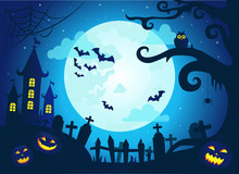 Halloween Background With Scary Castle, Pumpkins, Bats And Big Moon