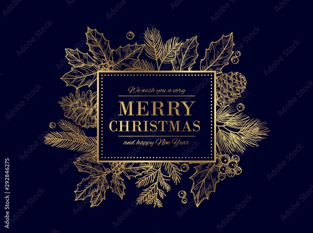 Christmas card. Merry Christmas frame. Festive vector background with gold sketch fir tree branches, cones, berries. Christmas and xmas, merry xmas and new year illustration - obrazy, fototapety, plakaty 