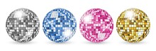 Disco Ball. Party Mirror Balls Set. Night Club Shining Decoration Vector. Illustration Mirror Bright Disco Ball For Music Club