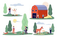 Flat Farmers. Harvest Time, Farm Flat Vector Concepts. Agricultural Workers, Rural Life. Agriculture Harvest Farming, Summer Field Countryside Illustration
