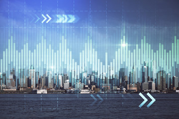 Forex chart on cityscape with skyscrapers wallpaper double exposure. Financial research concept.