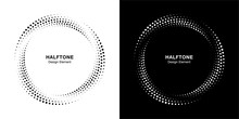 Halftone Circle Dotted Frame Circularly Distributed Set. Abstract Dots Logo Emblem Design Element. Round Border Icon Using Halftone Circle Dot Texture. Half Tone Circular Background Pattern. Vector.