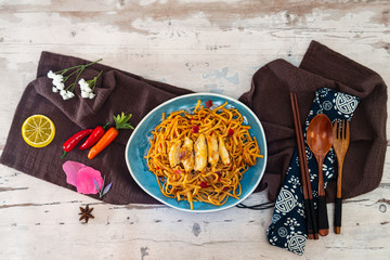 Wall Mural - Vegetable noodles with chicken meat preparation