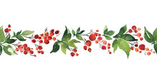 Christmas Watercolor Horizontal Seamless Pattern With Holly Berries