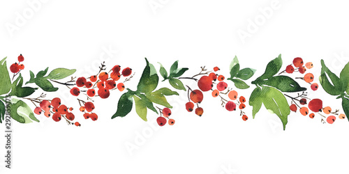 Fotomural Christmas watercolor horizontal seamless pattern with holly berries