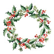 Watercolor wreath arranging of holly leaves, red berries and spruce for Christmas decoration