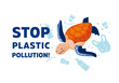 Web template Stop plastic pollution! Vector flat illustration for World Environment Day. A sea turtle swims in sea with garbage - in water are plastic bag, glass, straw, bottle, canisters. Harm to nat
