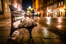 Evening Street With Benches And Lanterns. Night European City