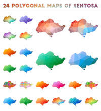 Set Of Vector Polygonal Maps Of Sentosa. Bright Gradient Map Of Island In Low Poly Style. Multicolored Sentosa Map In Geometric Style For Your Infographics.