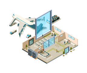 Poster - Airport terminal building. Vector crossection arrival interior entrance security service caffe luggage conveyor stores vector airport equipment. Airport departure and arrival terminal illustration