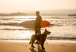 Surfer man with his dog german shepherd and surfboard playing and surfing on the beach