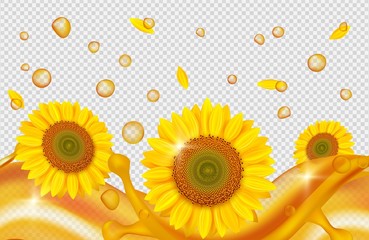 Wall Mural - Sunflower oil realistic. Golden drops, oil waves, sunflowers vector. Sunflower and drop splash oil, natural organic illustration