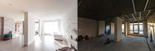 Unfinished Building Interior White Room Repairs In The Apartment Preparing In The Roomrenovation Concept - Room Before And After Renovation