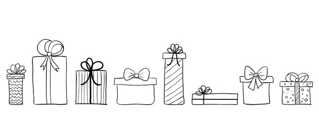 Seamless long banner with hand drawn gift boxes. Vector background with doodle presents. Christmas banner, greeting card