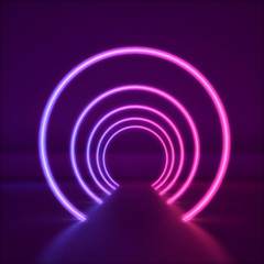 Wall Mural - Abstract glowing fluorescent neon light tunnel. Futuristic background. 3D Render