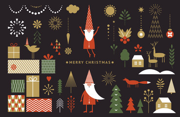 set of graphic elements for christmas cards. gnome, deer, christmas trees, snowflakes, stylized gift