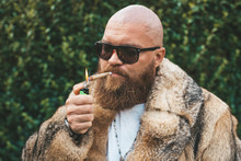Portrait Of Posh Chic Virile Bearded Brutal Man Smoking Marijuana Joint, Wearing Brown Fur Gypsy Style - Hip Hop Pimp Stylish Guy Lighting Up Weed (cannabis) Blunt At The Green Background Outdoors