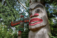 Close Up Detail Of Traditional Totem Poles, Located In British Columbia