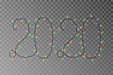 Wall Mural - New year lights vector, 2020 color light string isolated on dark background. Transparent decorative garland. Holiday light decor effect element. Vector illustration