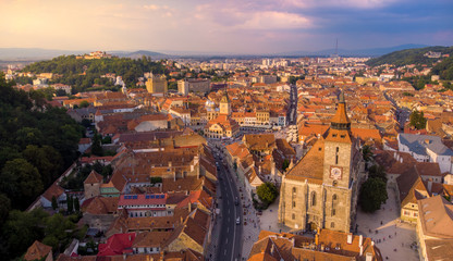 Brasov cityscape with black cathedral and mountain on backround in Romania. Aerial view