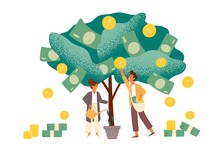 Business Investment Profit Flat Vector Illustration. Revenue And Income Metaphor. Businessman And Businesswoman Characters Picking Cash From Money Tree. Investors Strategy, Funding Concept.
