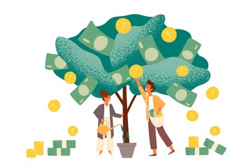 Business investment profit flat vector illustration. Revenue and income metaphor. Businessman and businesswoman characters picking cash from money tree. Investors strategy, funding concept.