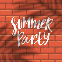 Fototapete - Summer Beach Party Flyer. Lettering on Brick Wall Background with Palm Leaves Shadow Overlay