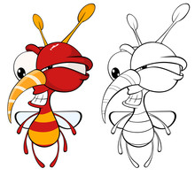 Vector Illustration Of A Cute Cartoon Character Bee For You Design And Computer Game. Coloring Book Outline Set 