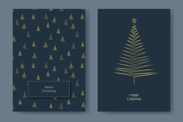 Two christmas card vector templates with gold glittery christmas trees with minimalist geometry shapes. Holiday season decoration.