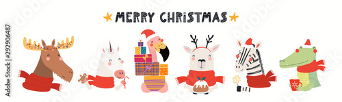 Hand drawn card with cute animals in Santa Claus hats, sparkler, gifts, ornam...