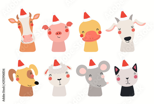 Christmas set with cute animals in Santa Claus hats. Isolated objects on whit...