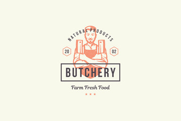 Wall Mural - Hand drawn logo male butcher holding knifes silhouette and modern vintage typography retro style vector illustration.