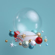 3d Christmas background. Glass ball decorated with festive ornaments. Blank mockup. Glass balls, crystal stars, candy cane.