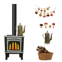 Wood Burning Stove With Fire Flame. Set Of Accessories. Vector Illustration. Isolated On A White Background.