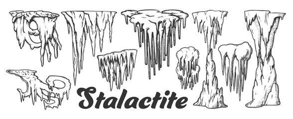 Wall Mural - stalactite and stalagmite monochrome set vector. collection in different form cave stalactite. miner