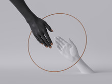 3d Render, Black White Female Hands Isolated, Minimal Fashion Background, Helping Hands Inside Round Frame, Golden Ring, Mannequin Body Parts, Feminist, Partnership Concept, Clean Minimal Design