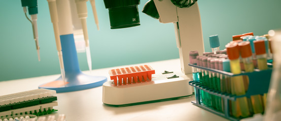 Wall Mural - Laboratory of genetic research. PCR plates and multichannel pipettes