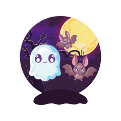 Sticker - bat flying with ghost on halloween scene