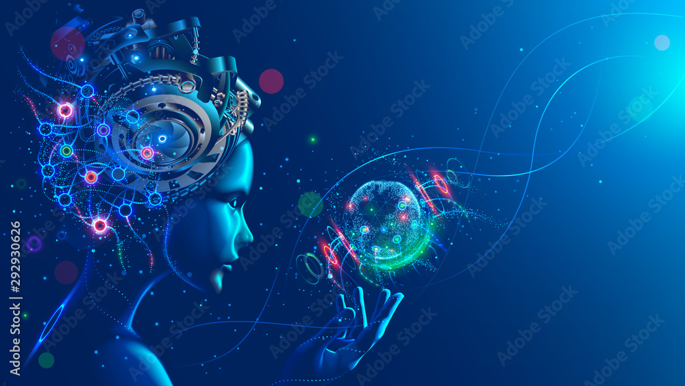 Artificial intelligence in image of cyborg girl with electronic brain. Neural network trained using a virtual hud interface. Machine learning technology concept. Sci-Fi cybernetic robot with AI. - obrazy, fototapety, plakaty 