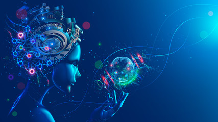 Leinwandbilder - Artificial intelligence in image of cyborg girl with electronic brain. Neural network trained using a virtual hud interface. Machine learning technology concept. Sci-Fi cybernetic robot with AI.