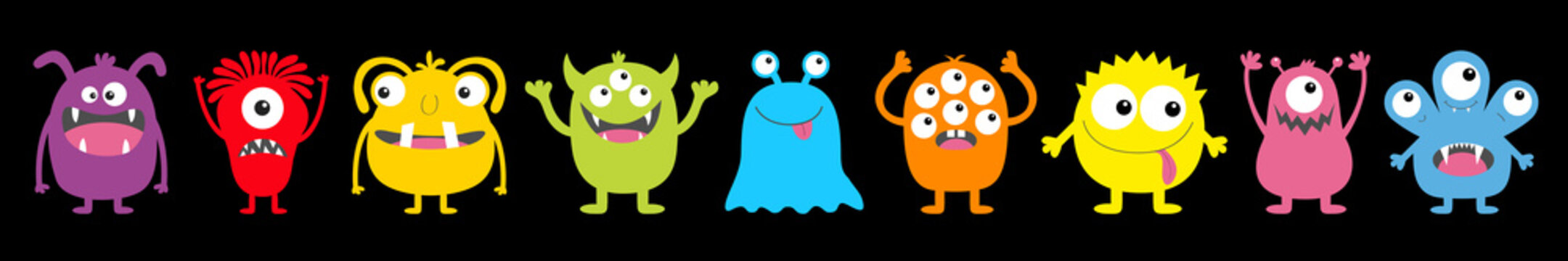 Monster colorful round silhouette icon set line. Happy Halloween. Eyes, tongue, tooth fang, hands up. Cute cartoon kawaii scary funny baby character. Black background. Flat design.