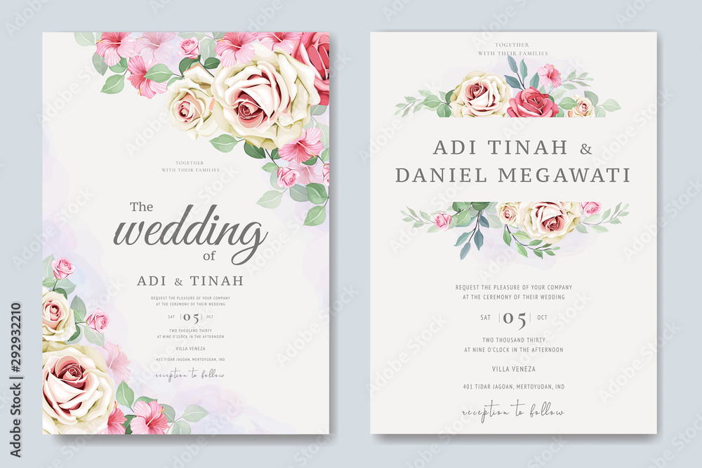 elegant wedding card with beautiful floral and leaves template - obrazy, fototapety, plakaty 